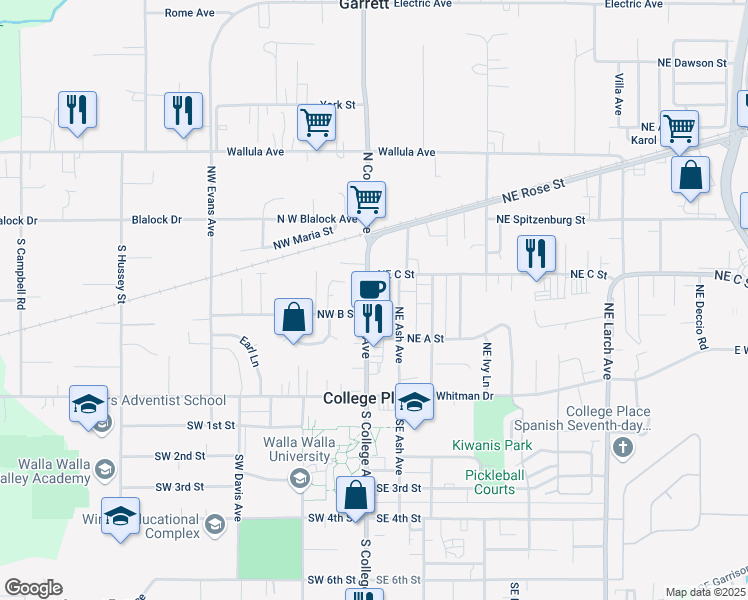 map of restaurants, bars, coffee shops, grocery stores, and more near 116 Northeast Pinewood Lane in College Place