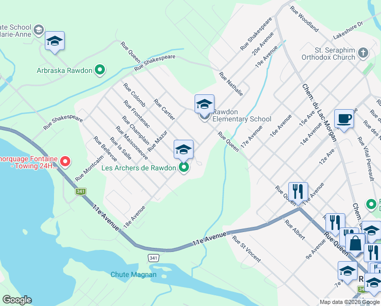 map of restaurants, bars, coffee shops, grocery stores, and more near 4115 Rue Colomb in Rawdon, Quebec