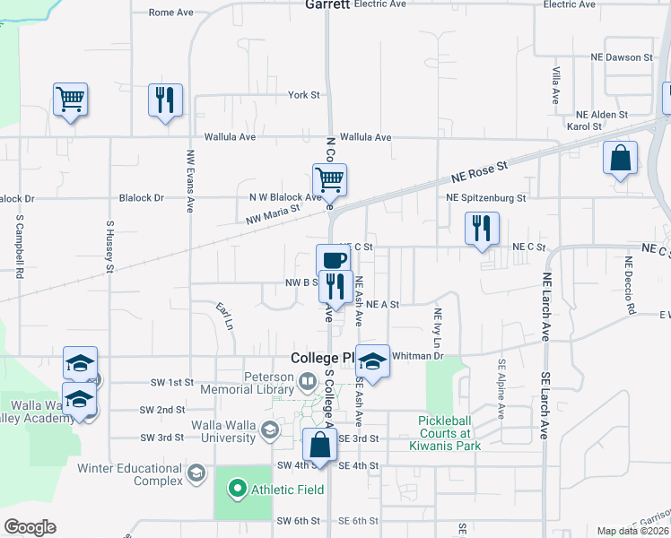 map of restaurants, bars, coffee shops, grocery stores, and more near 116 Northeast Pinewood Lane in College Place