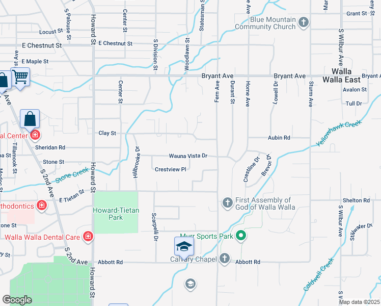 map of restaurants, bars, coffee shops, grocery stores, and more near 782 Crestview Place in Walla Walla