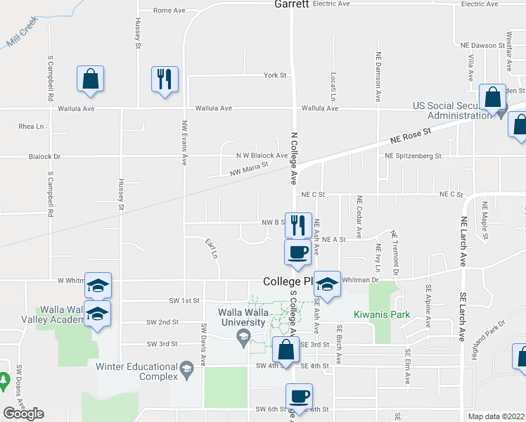 map of restaurants, bars, coffee shops, grocery stores, and more near 204 Northwest Schnabel Lane in College Place