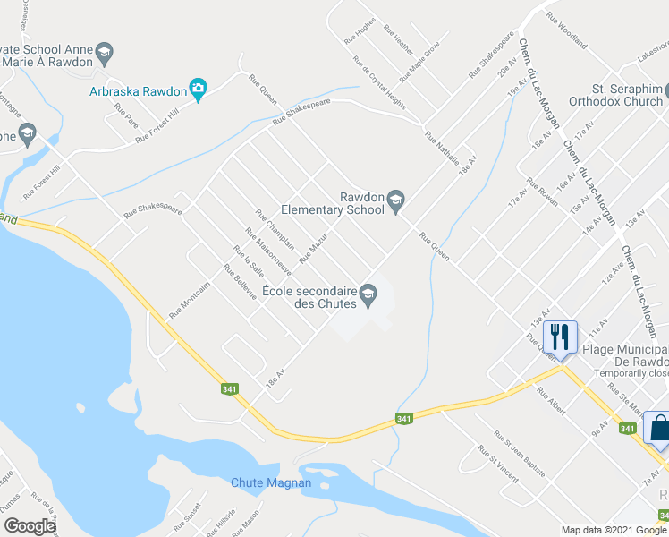map of restaurants, bars, coffee shops, grocery stores, and more near 4127 Rue Frontenac in Rawdon