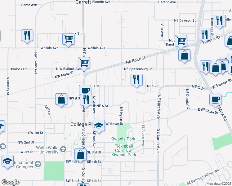 map of restaurants, bars, coffee shops, grocery stores, and more near 225 Northeast C Street in College Place