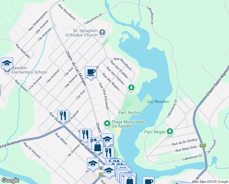 map of restaurants, bars, coffee shops, grocery stores, and more near 3872 Rue des Ormes in Rawdon