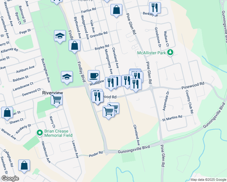 map of restaurants, bars, coffee shops, grocery stores, and more near 540 Pinewood Road in Riverview