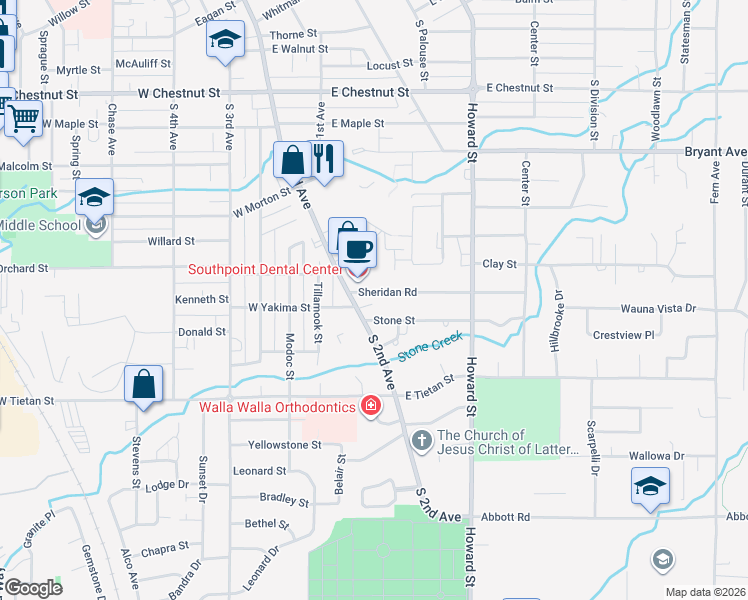 map of restaurants, bars, coffee shops, grocery stores, and more near 39 Sheridan Road in Walla Walla