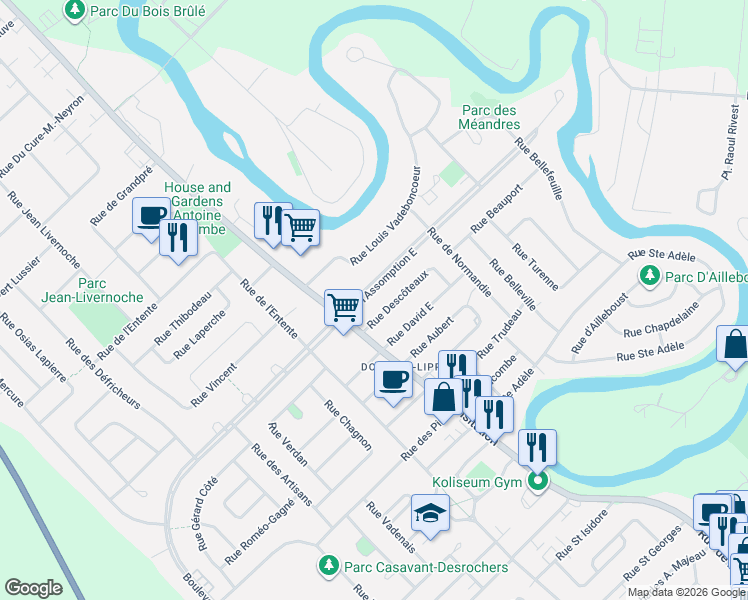 map of restaurants, bars, coffee shops, grocery stores, and more near 23 Boulevard l'Assomption Est in Lanaudière