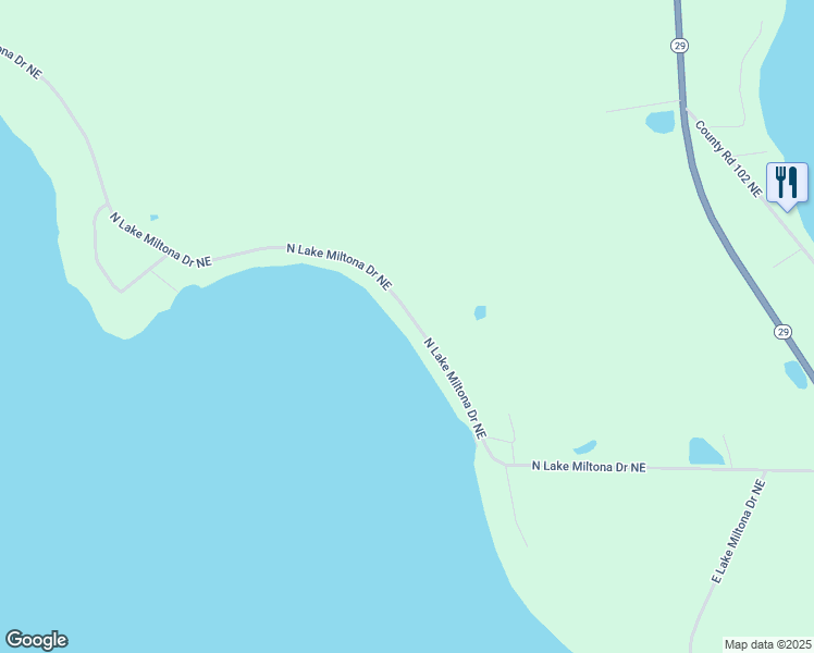 map of restaurants, bars, coffee shops, grocery stores, and more near 2650 North Lake Miltona Drive Northeast in Miltona