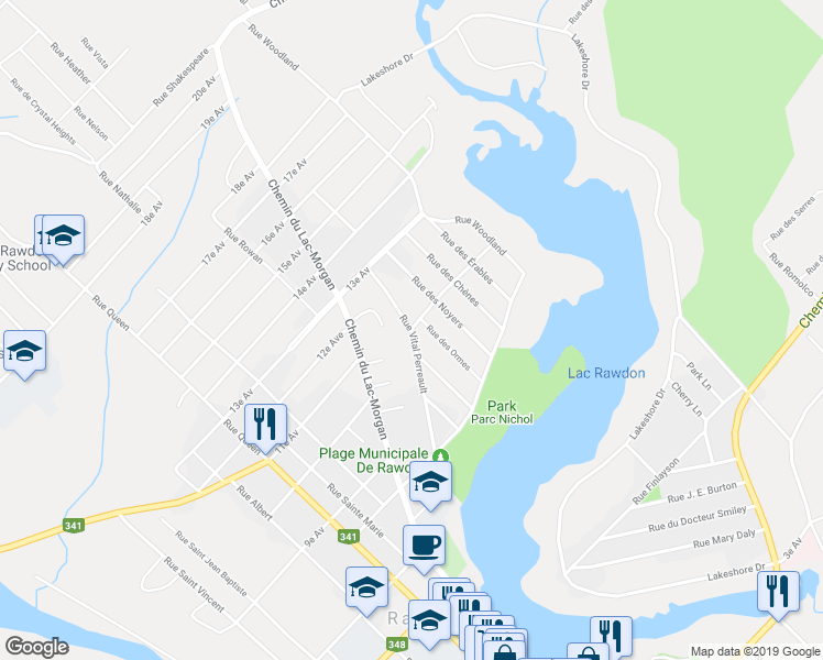 map of restaurants, bars, coffee shops, grocery stores, and more near 3905 Rue Vital Perreault in Rawdon