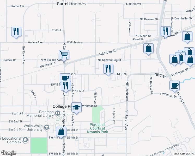 map of restaurants, bars, coffee shops, grocery stores, and more near 306 Northeast Damson Avenue in College Place