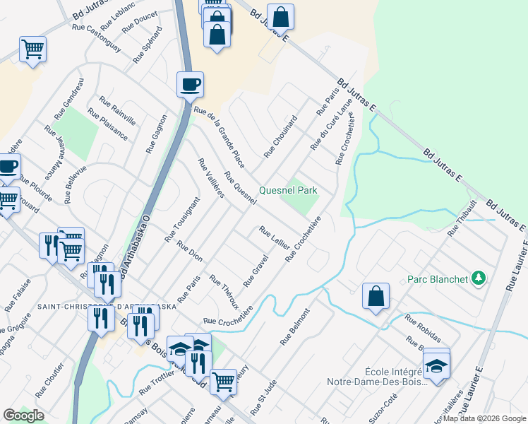 map of restaurants, bars, coffee shops, grocery stores, and more near 105 Rue Quesnel in Victoriaville