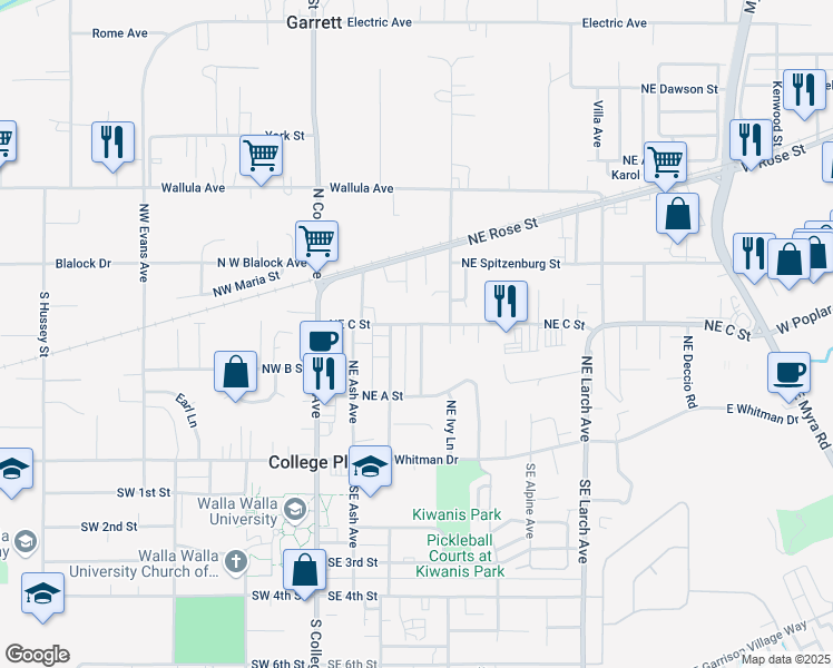 map of restaurants, bars, coffee shops, grocery stores, and more near 225 Northeast C Street in College Place