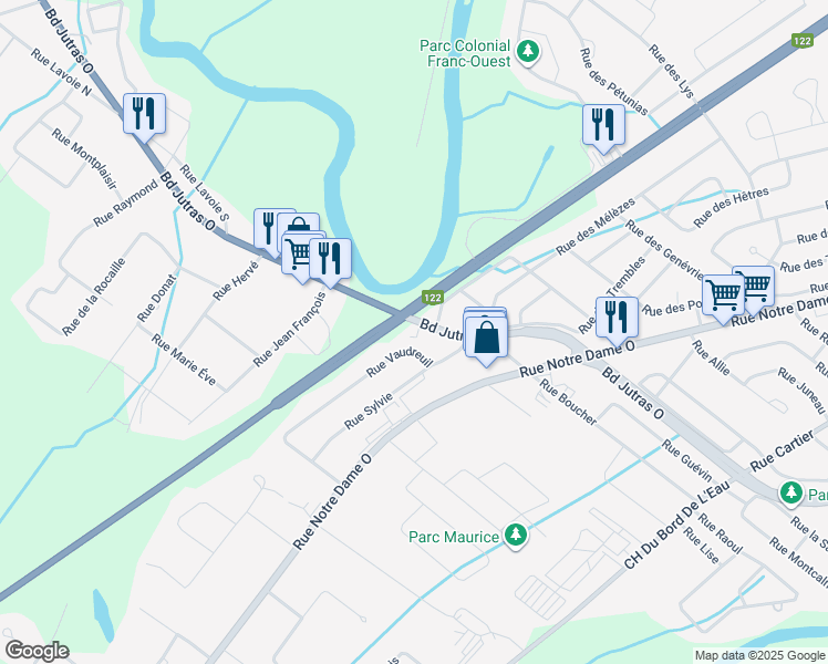 map of restaurants, bars, coffee shops, grocery stores, and more near 1365 Boulevard Jutras Ouest in Victoriaville
