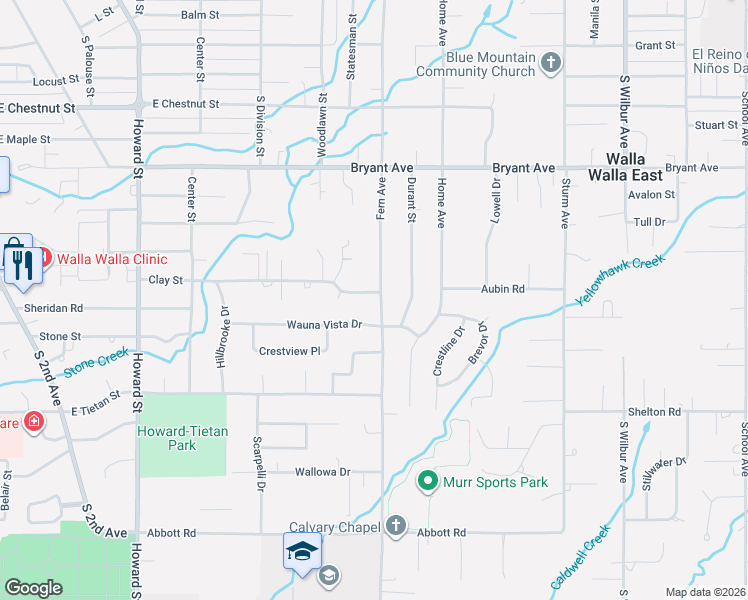 map of restaurants, bars, coffee shops, grocery stores, and more near 860 Clay Street in Walla Walla