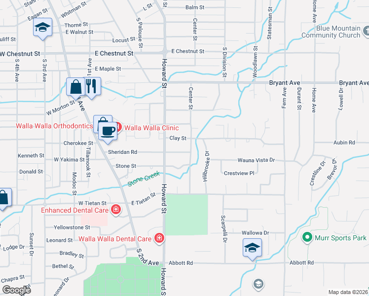 map of restaurants, bars, coffee shops, grocery stores, and more near 547 Sheridan Road in Walla Walla