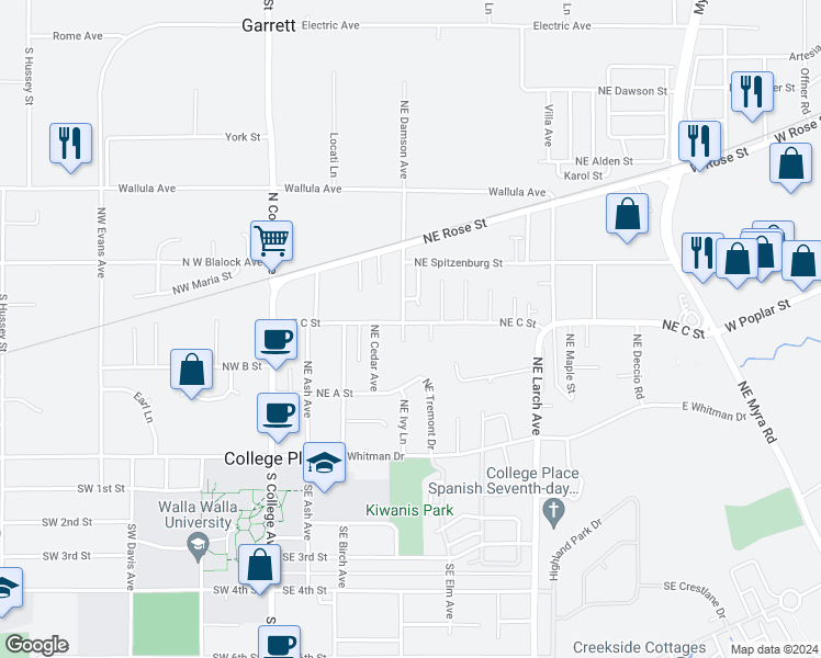 map of restaurants, bars, coffee shops, grocery stores, and more near 306 Northeast Damson Avenue in College Place