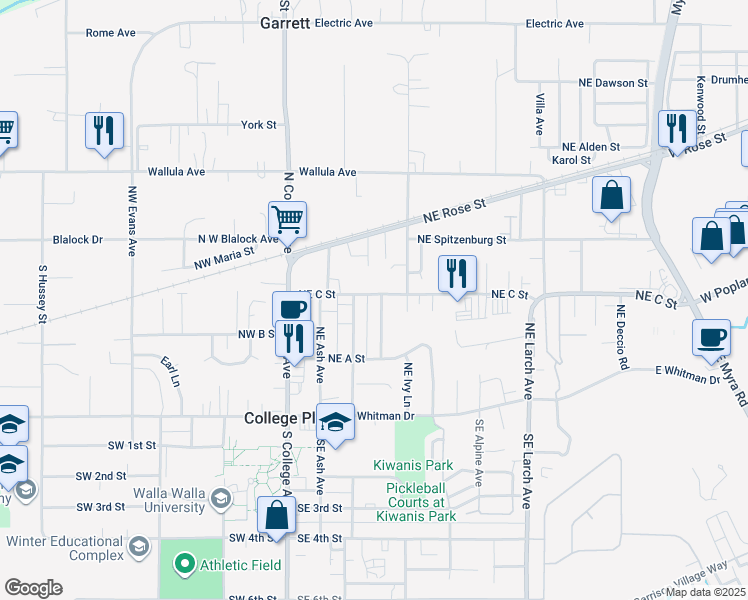map of restaurants, bars, coffee shops, grocery stores, and more near 225 Northeast C Street in College Place
