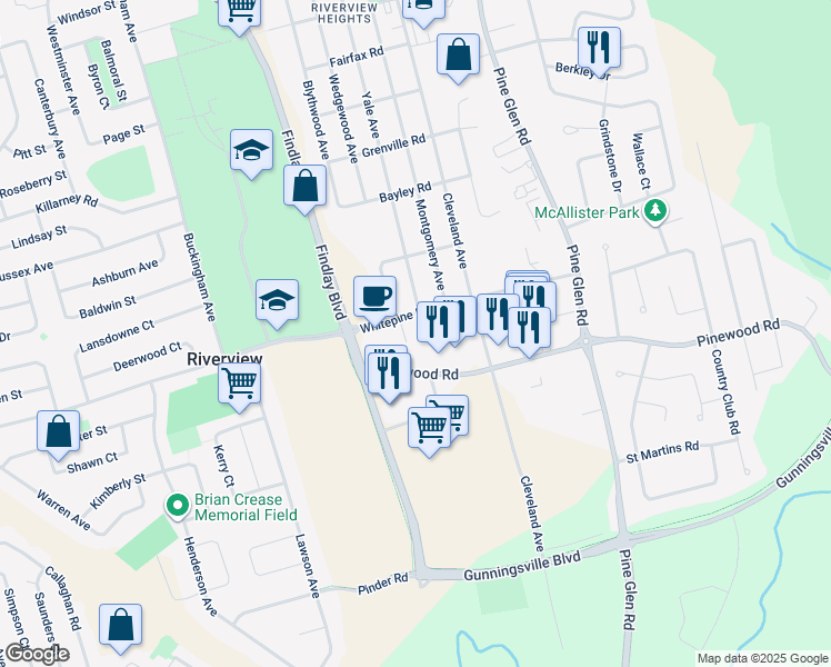 map of restaurants, bars, coffee shops, grocery stores, and more near 529 Whitepine Road in Riverview
