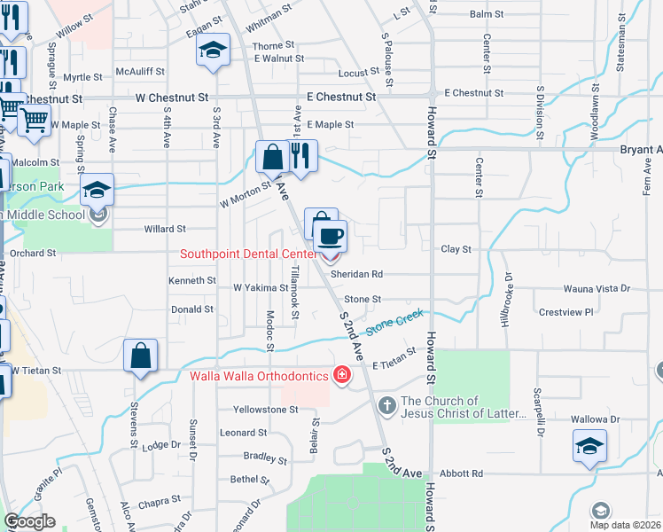 map of restaurants, bars, coffee shops, grocery stores, and more near 1129 South 2nd Avenue in Walla Walla