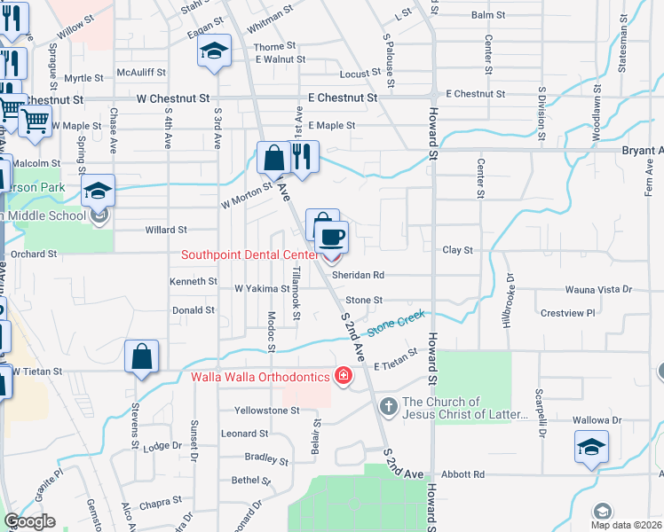 map of restaurants, bars, coffee shops, grocery stores, and more near 1129 South 2nd Avenue in Walla Walla