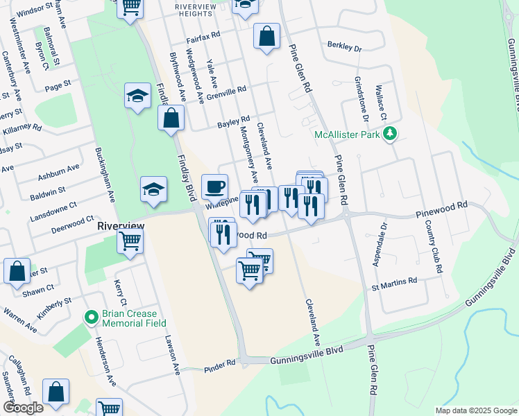 map of restaurants, bars, coffee shops, grocery stores, and more near 540 Pinewood Road in Riverview