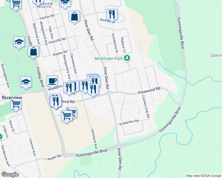 map of restaurants, bars, coffee shops, grocery stores, and more near 700 Pinewood Road in Riverview