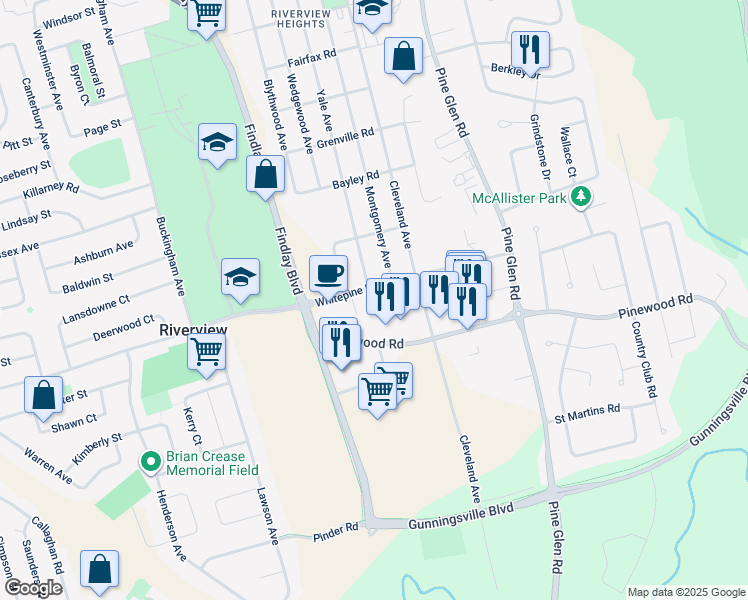 map of restaurants, bars, coffee shops, grocery stores, and more near 529 Whitepine Road in Riverview