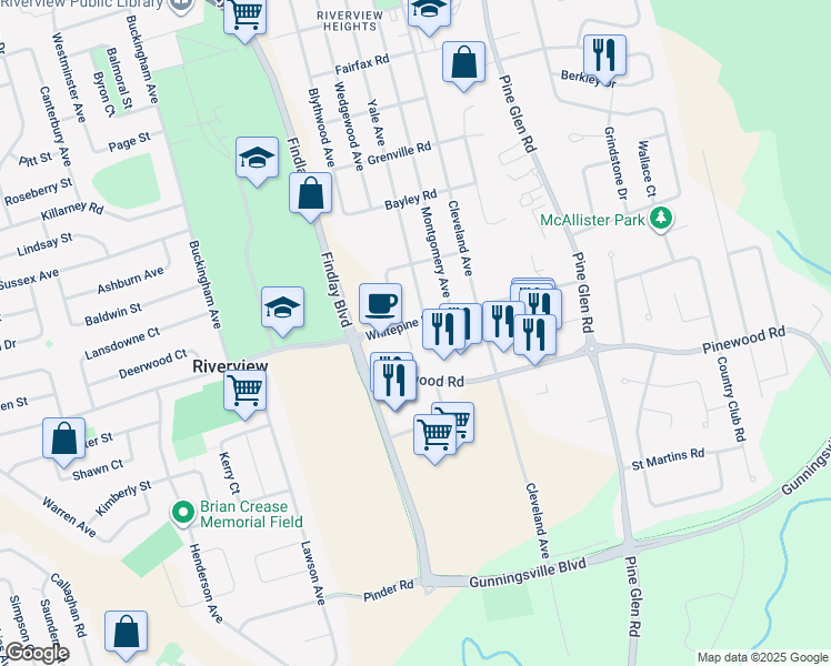 map of restaurants, bars, coffee shops, grocery stores, and more near 529 Whitepine Road in Riverview