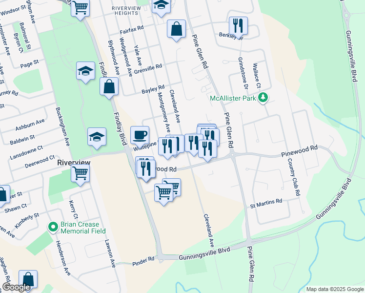 map of restaurants, bars, coffee shops, grocery stores, and more near 540 Pinewood Road in Riverview