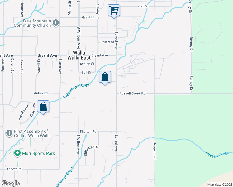 map of restaurants, bars, coffee shops, grocery stores, and more near School Avenue in Walla Walla