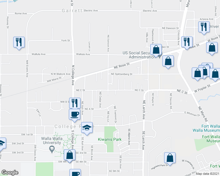 map of restaurants, bars, coffee shops, grocery stores, and more near 306 Northeast Damson Avenue in College Place