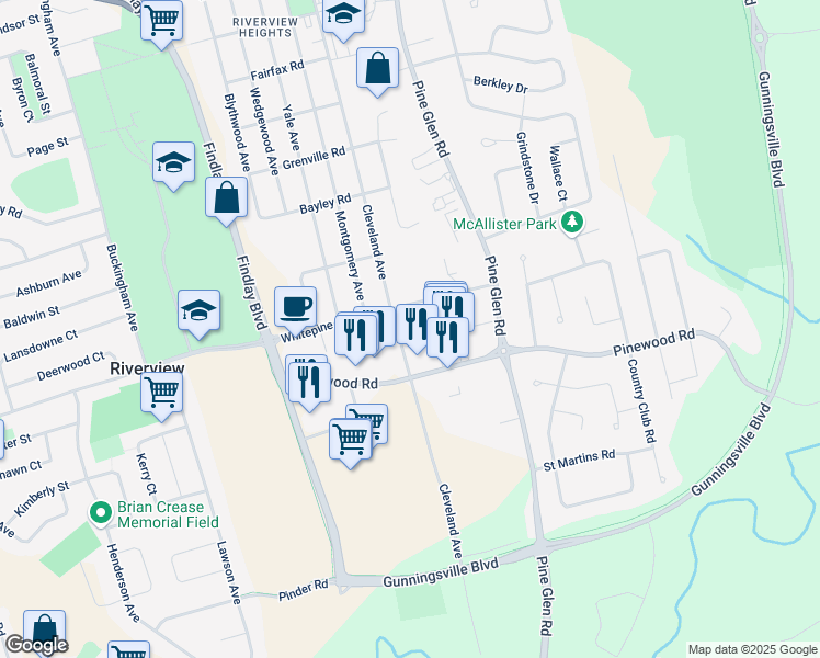 map of restaurants, bars, coffee shops, grocery stores, and more near 1020 Cleveland Avenue in Riverview