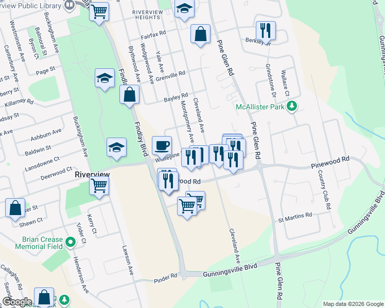 map of restaurants, bars, coffee shops, grocery stores, and more near 540 Pinewood Road in Riverview