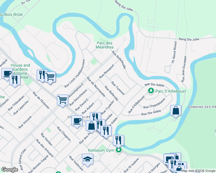 map of restaurants, bars, coffee shops, grocery stores, and more near 25 Rue Belleville in Saint-Charles-Borromée