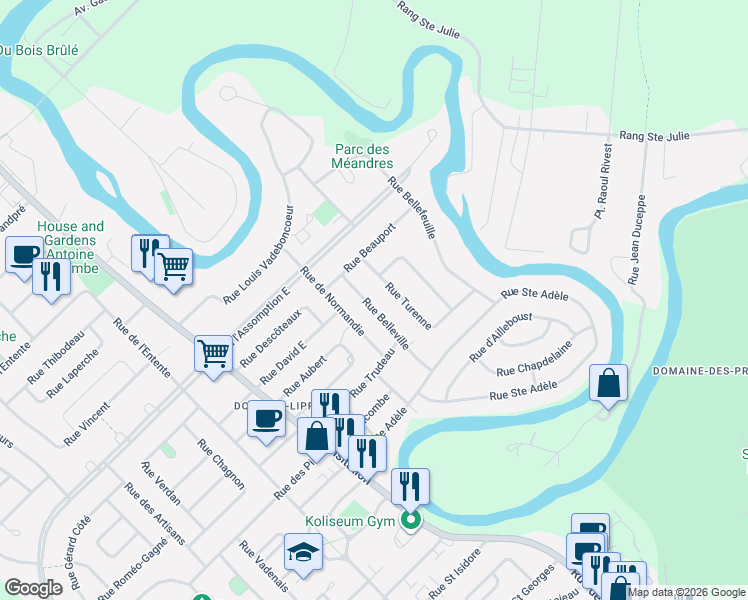 map of restaurants, bars, coffee shops, grocery stores, and more near 25 Rue Belleville in Saint-Charles-Borromée