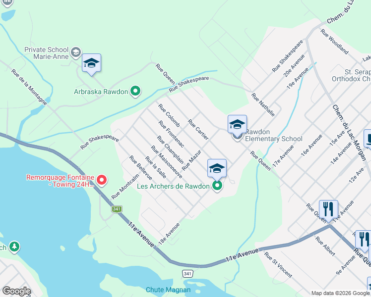 map of restaurants, bars, coffee shops, grocery stores, and more near 4134 Rue Frontenac in Rawdon
