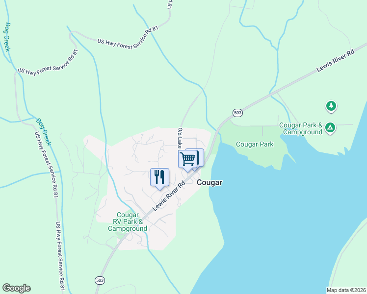 map of restaurants, bars, coffee shops, grocery stores, and more near 113 Old Lake Merrill Road in Cougar