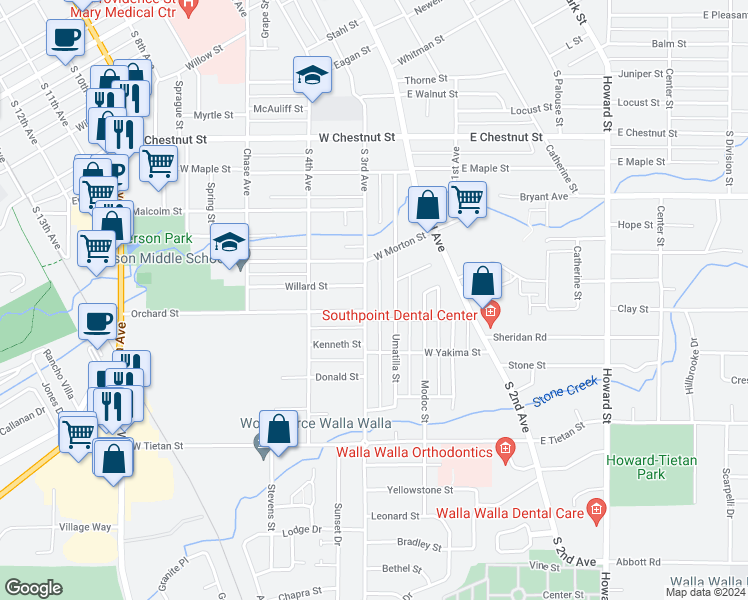 map of restaurants, bars, coffee shops, grocery stores, and more near 1113 South 3rd Avenue in Walla Walla
