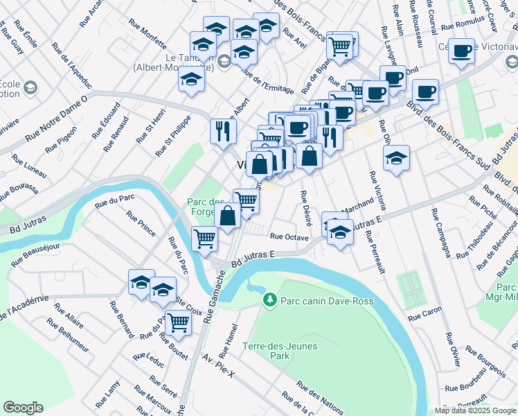 map of restaurants, bars, coffee shops, grocery stores, and more near 60 Rue Carignan in Victoriaville