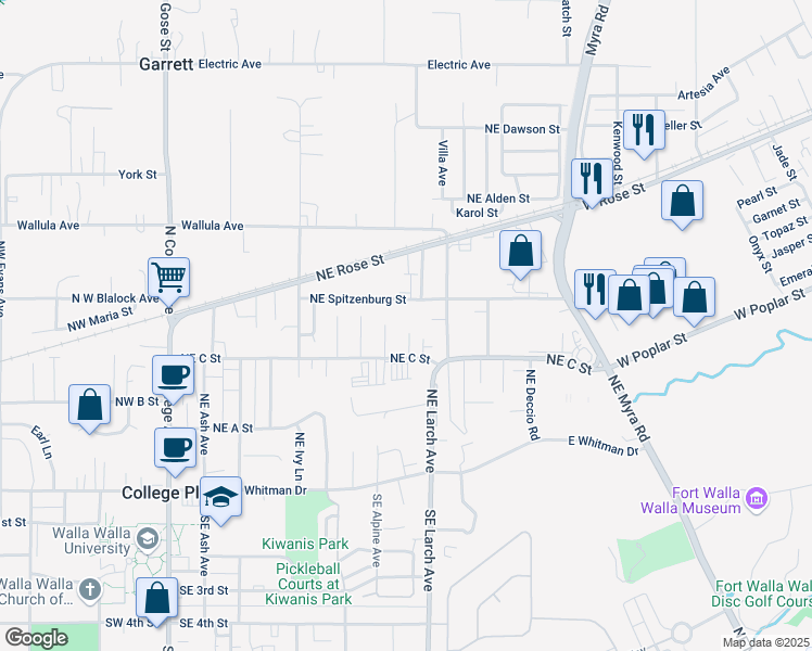 map of restaurants, bars, coffee shops, grocery stores, and more near 343 Northeast Redwood Place in College Place