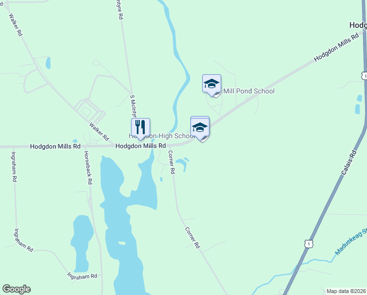 map of restaurants, bars, coffee shops, grocery stores, and more near 185 Hodgdon Mills Road in Hodgdon