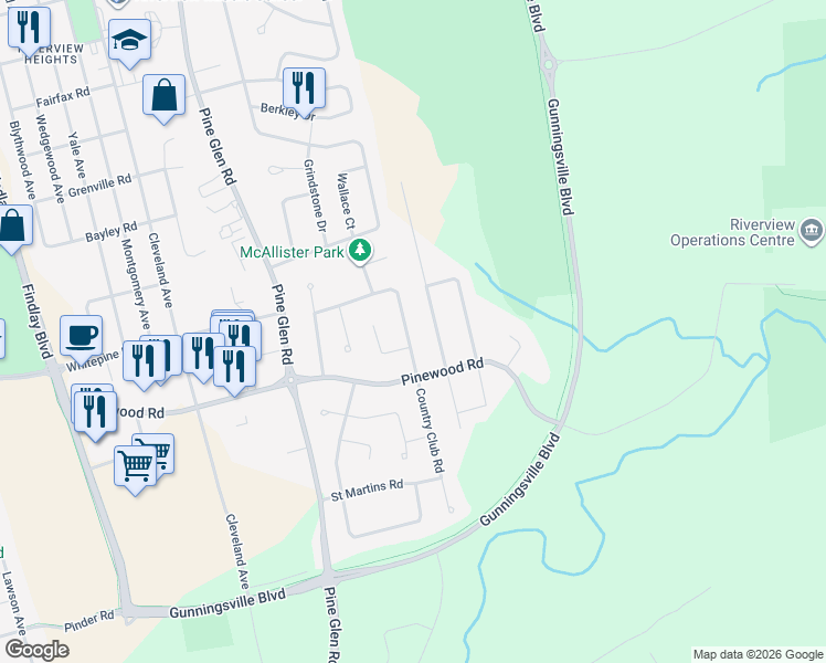 map of restaurants, bars, coffee shops, grocery stores, and more near 38 Country Club Road in Riverview