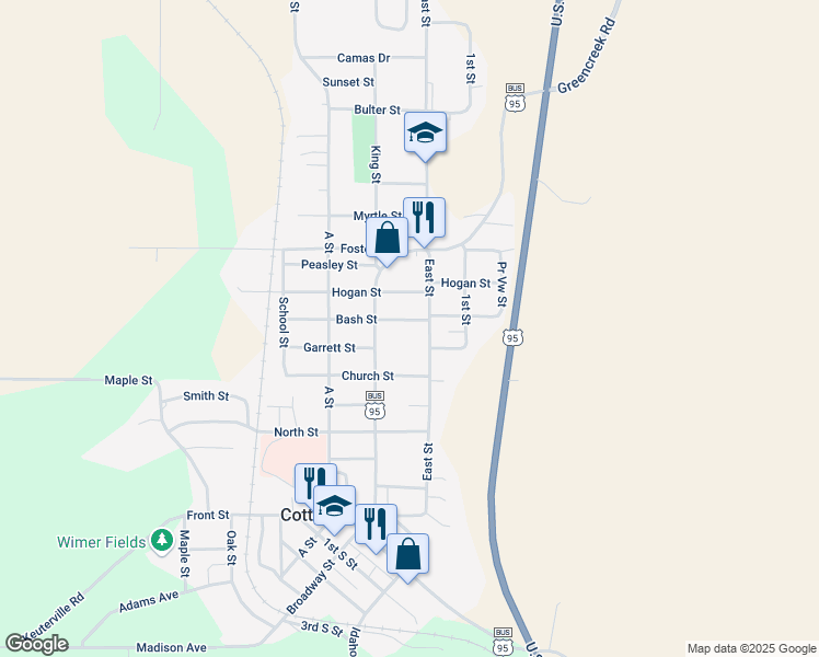 map of restaurants, bars, coffee shops, grocery stores, and more near 411 Hogan Street in Cottonwood