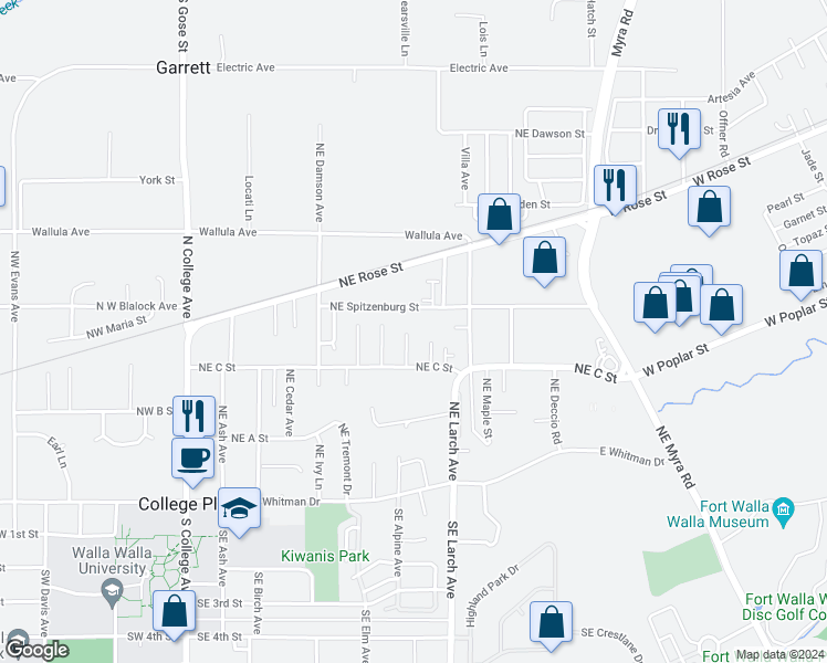 map of restaurants, bars, coffee shops, grocery stores, and more near 344 Northeast Sprucewood Place in College Place