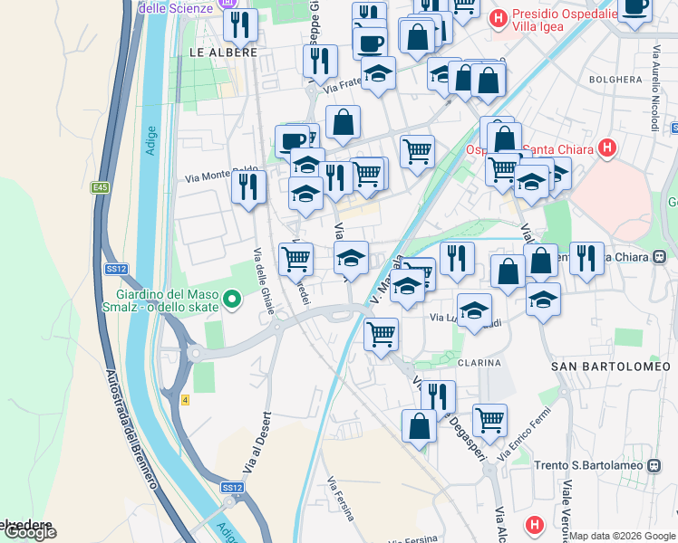 map of restaurants, bars, coffee shops, grocery stores, and more near 53 Via San Pio X in Trento