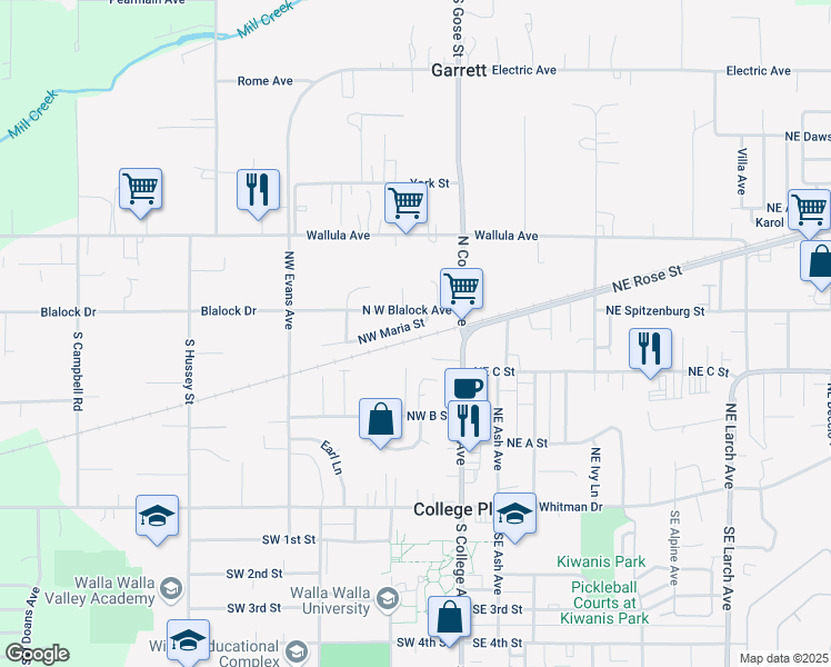 map of restaurants, bars, coffee shops, grocery stores, and more near 114 Northwest Maria Street in College Place