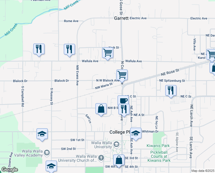 map of restaurants, bars, coffee shops, grocery stores, and more near 114 Northwest Maria Street in College Place