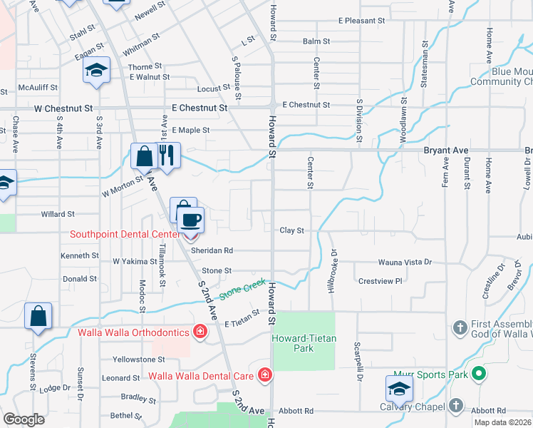 map of restaurants, bars, coffee shops, grocery stores, and more near 1604 Howard Street in Walla Walla