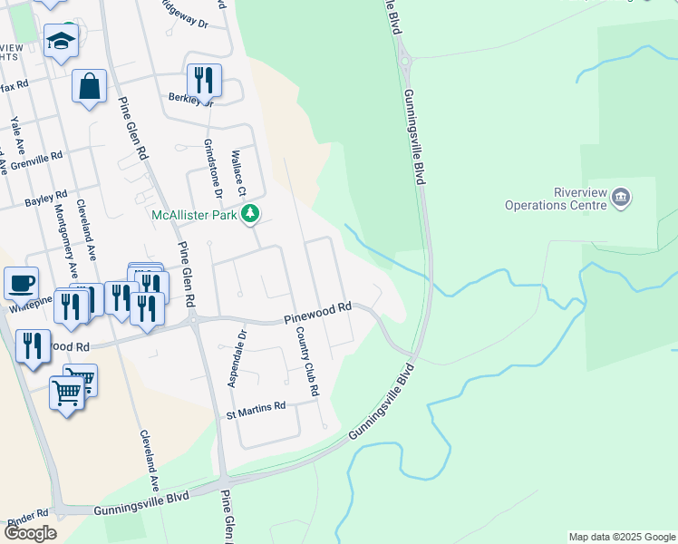 map of restaurants, bars, coffee shops, grocery stores, and more near Rosebank Crescent in Riverview