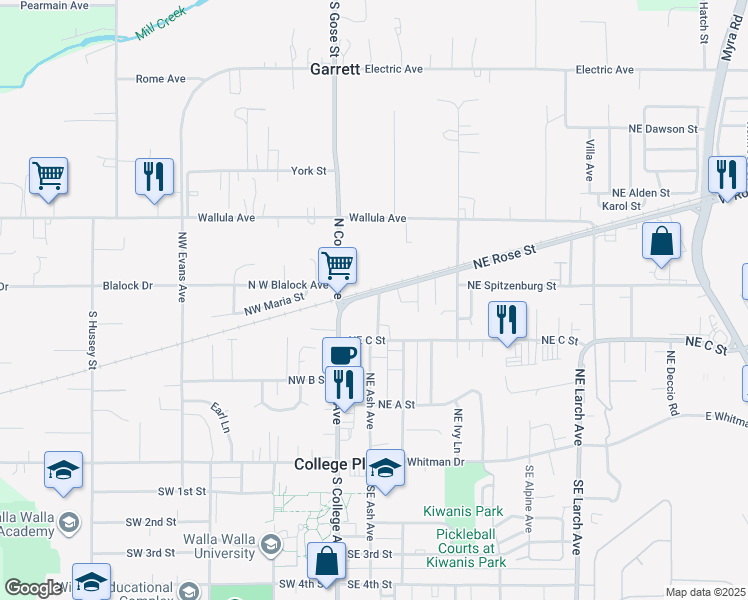 map of restaurants, bars, coffee shops, grocery stores, and more near 340 North College Avenue in College Place